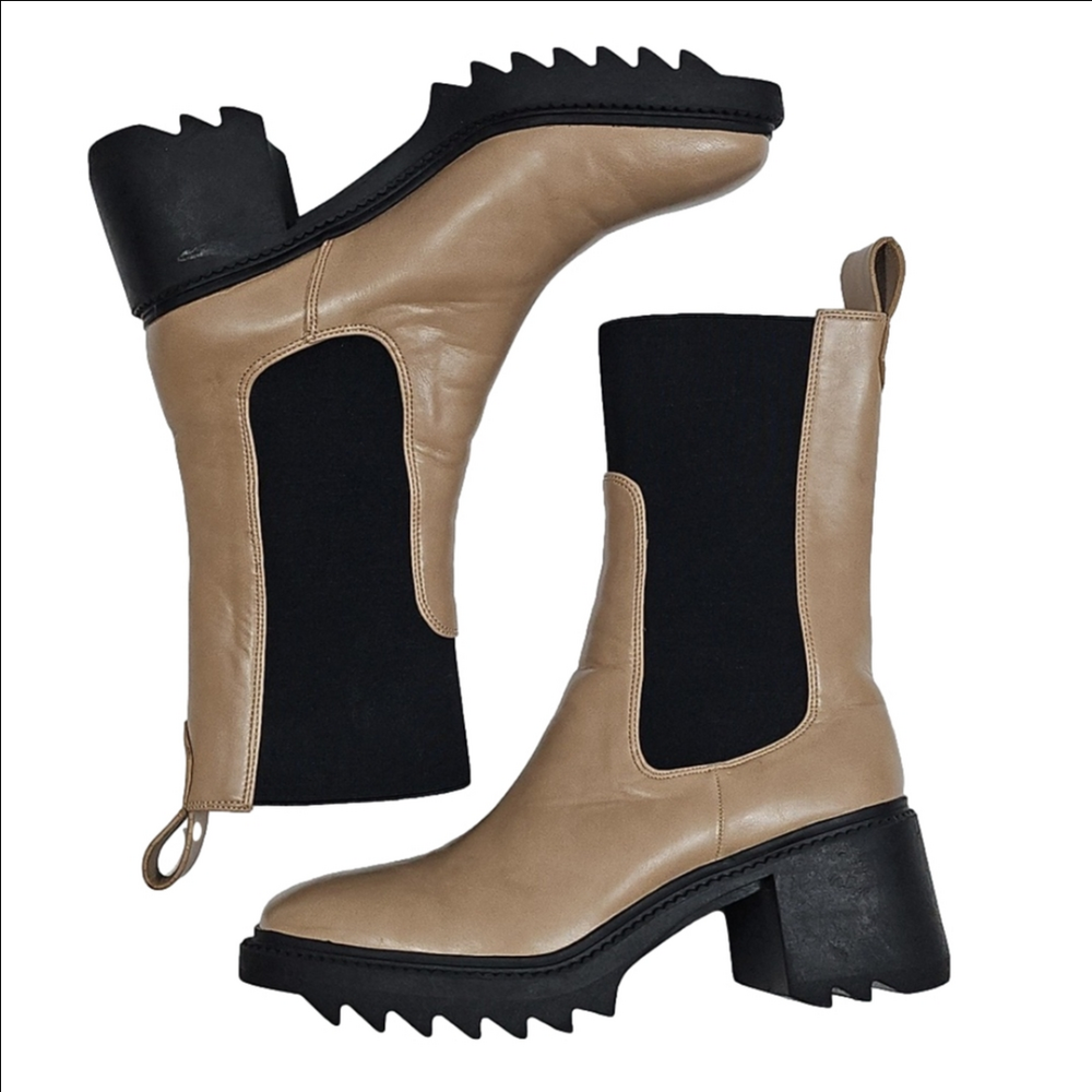 St. Sana Lisbon Faux Leather Tan Square Toe Block Heel Lug Sole Chelsea Boot